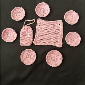 New Pink Crochet wash cloth, soap saver, and face scrubber set
